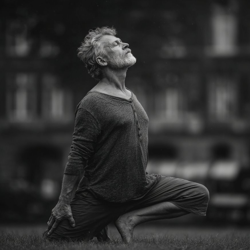 Grup de seniori practicând yoga în natură